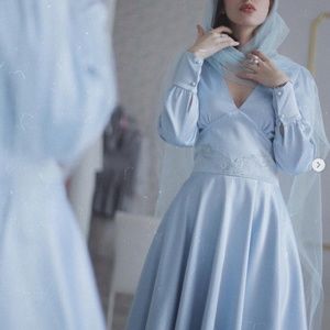 Romantic Retro Powder Blue Satin Swing Midi Dress Lace Detail Pearl Buttons- L